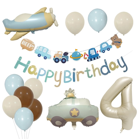 Vintage Transportation Birthday Balloon Decor Matte Cream Number Plane Car Shape For Baby Shower Kids Party Decorations