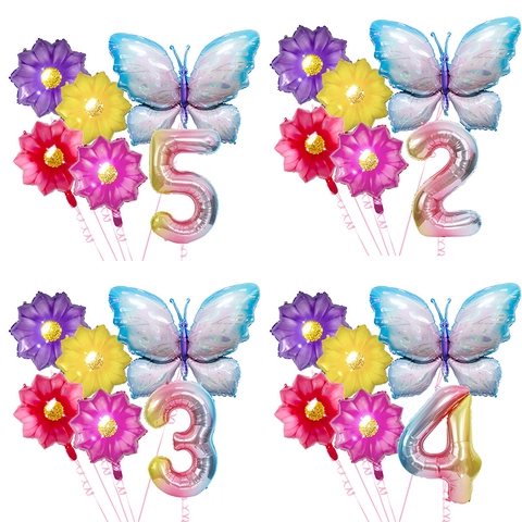Gradient Ice Blue Butterfly Flower Aluminum Foil Balloons With Large Number For Children Birthday Party Decoration Background