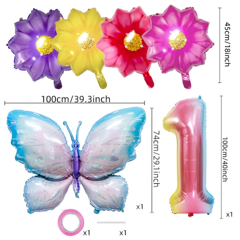 Gradient Ice Blue Butterfly Flower Aluminum Foil Balloons With Large Number For Children Birthday Party Decoration Background