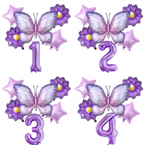 Purple Butterfly Balloon Decoration Aluminum Foil Numbered Birthday Ornament For Kids Party Fairy Theme Celebration