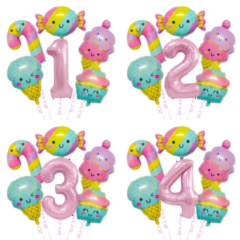 Süßigkeiten Thema Aluminiumfolie Luftballons Rosa Zahl Eiscreme Bonbon Cupcake Geburtstag Party Deko Macaron Stil