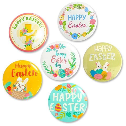 Buona Pasqua Spille In Banda Stagnata Bottone Rotondo Decorativo Coniglietto Cartone Animato Croce Uova Colorate Festa