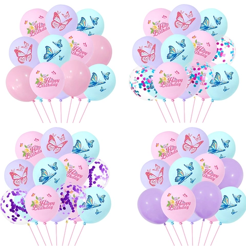 Butterfly Birthday Balloon Collection Macaron Pink Purple Blue Latex Balloons With Confetti Happy Birthday Print For Party Decoration