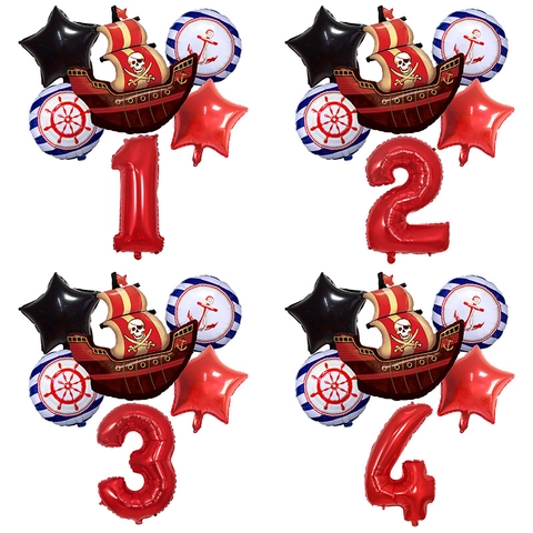 Pirate Ship Birthday Balloon Set Red Number Aluminum Foil Balloons Pirate Theme Party Decorations For Kids Boy Gift