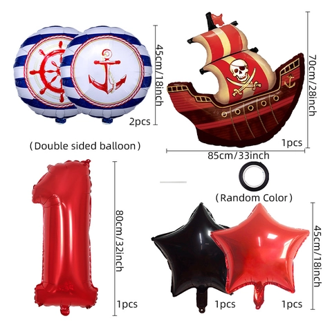 Pirate Ship Birthday Balloon Set Red Number Aluminum Foil Balloons Pirate Theme Party Decorations For Kids Boy Gift