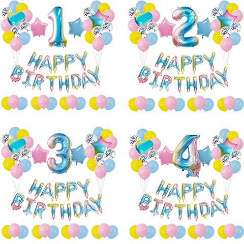 Gradient Color Birthday Balloon Decoration Large Number Foil Balloons Happy Birthday Banner Stars Latex Balloons Party Deco