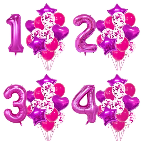 Pink Purple Foil Balloon Collection Aluminum Number Heart Star And Sequin Latex Balloons For Anniversary Girls Birthday Party Decoration