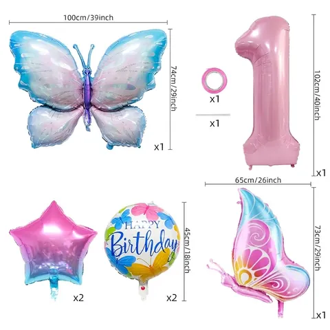 Butterfly Theme Birthday Party Balloon Set Pink Number Foil Balloons Ice Blue Gradient Star Balloons For Kids Party Decoration