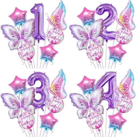 Butterfly Birthday Party Decoration Balloon Set Purple Pink Gradient Star Number Aluminum Film Balloons For Kids