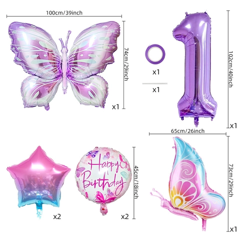 Butterfly Birthday Party Decoration Balloon Set Purple Pink Gradient Star Number Aluminum Film Balloons For Kids