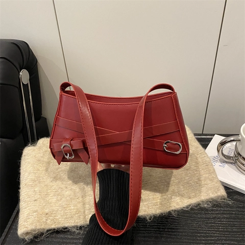 Vintage Women PU Leather Underarm Shoulder Bag With Cross Strap And Silver Buckle Trendy Fashion Baguette Bag