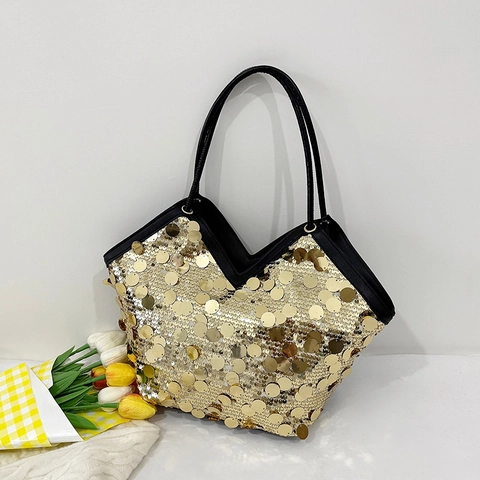 Mode Pailletten Tote Bag Für Damen Große Kapazität Glänzende Umhängetasche V Ausschnitt PU Leder Lässige Party Handtasche