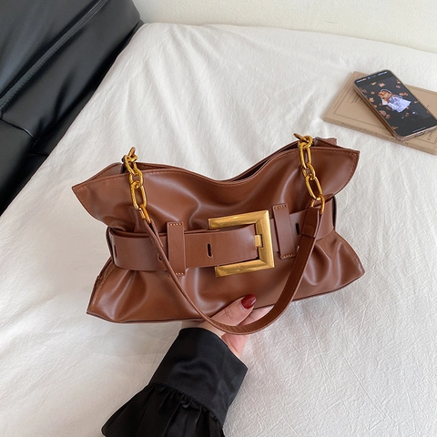 Vintage Pleated Cloud Bag For Women PU Leather Solid Color Shoulder Bag With Gold Square Buckle And Chain Strap Handbag