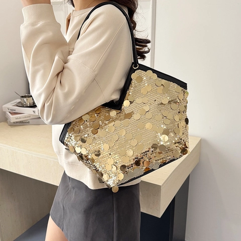 Sac Cabas À Paillettes Pour Femmes Brillant Ouverture En V Grande Capacité Sac À Main Bandoulière Style Décontracté