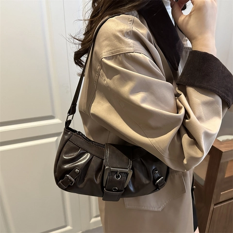 Borsa Sottobraccio Vintage Da Donna Borsa A Tracolla In Pelle PU Pieghettata Con Grande Fibbia In Metallo Stile Y2K
