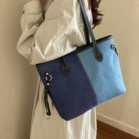 Τσάντα Denim Tote Patchwork Μεγάλη Χωρητικότητα Τσάντα Ώμου Με Λαβή Από Δέρμα PU Αντίθεση Ραφών Γυναίκες