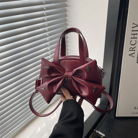 Women PU Leather Crossbody Shoulder Bag With Large Bow And Star Rivets Fashion Small Square Handbag For Daily Use