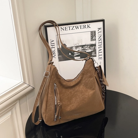 Vintage Matte PU Lederen Hobo Tas Grote Capaciteit Verstelbare Riem Schouder Crossbody Met Tasje Voor Dames