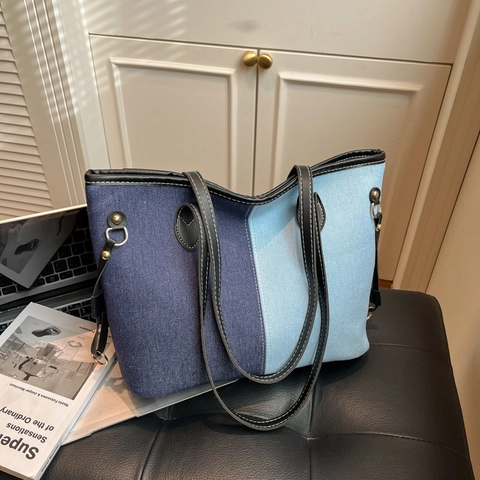 Τσάντα Denim Tote Patchwork Μεγάλη Χωρητικότητα Τσάντα Ώμου Με Λαβή Από Δέρμα PU Αντίθεση Ραφών Γυναίκες