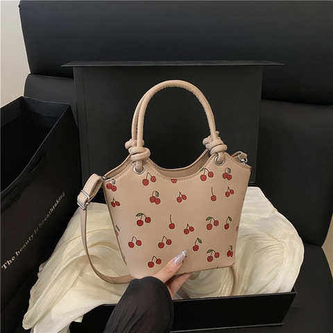 Kirschdruck Eimer Tasche Damen PU Leder Knotengriff Umhängetasche Handtasche Süße Mode