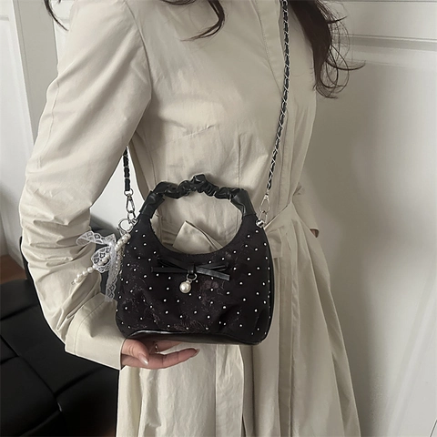 Bolso Hobo Para Mujer Cuero Sintético Encaje Pedrería Lazo Perla Artificial Colgante Asa Rizada Correa De Cadena Desmontable Estilo Elegante