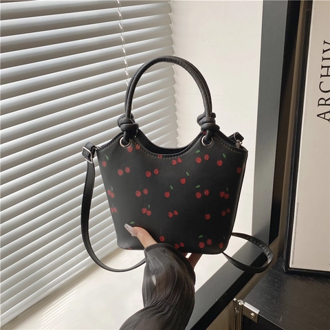 Sweet Cherry Print PU Leather Shoulder Bag For Women Fashion Tote Handbag With Adjustable Strap Daily Crossbody Bucket Bag