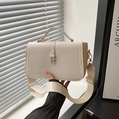 Borsa a Tracolla da Donna in Stile Coreano in Pelle PU Grande Capacità Tinta Unita Con Patta a Tracolla Larga Quadrata