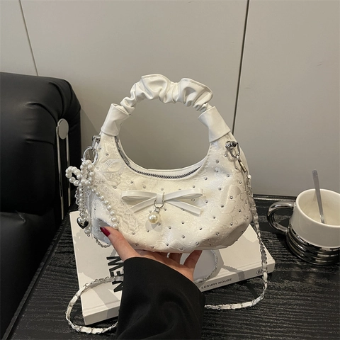 Sac à Épaule Élégant en PU Dentelle Nœud Avec Perle Artificielle Strass Poignée Plissée Sac à Main Chaîne pour Femme Soirée