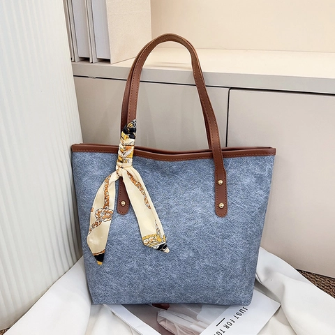 Borsa Tote Da Donna Grande Capacità Borsa A Spalla In Pelle PU Retro Minimalista Pendolare Con Decorazione Foulard
