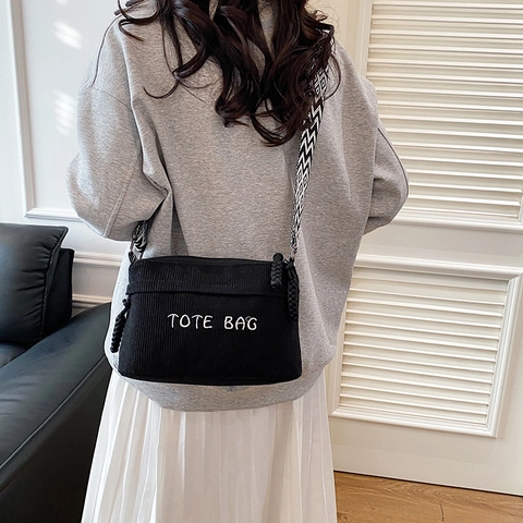 Women Corduroy Crossbody Bag Letter Embroidery Tote Casual Style Wide Geometric Pattern Strap Zipper Multi Compartment