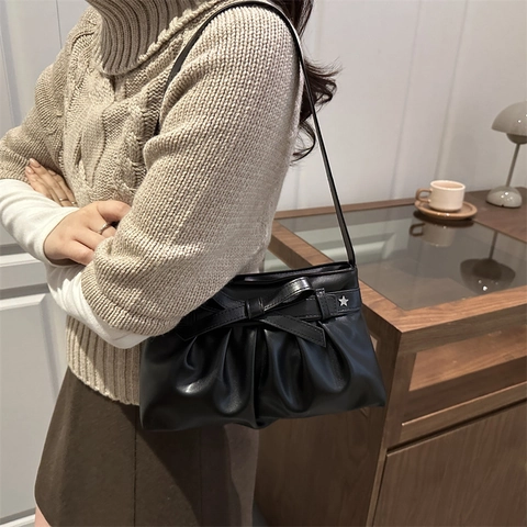 Women's PU Leather Underarm Shoulder Bag With Bow Decoration Pleated Ruched Design Star Rivet Retro Casual Handbag