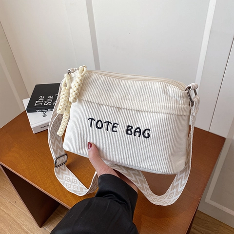 Damen Cord Umhängetasche Buchstaben Stickerei Tote Casual Style Breiter Geometrischer Muster Gurt Reißverschluss Mehrere Fächer