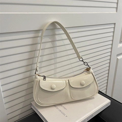 Vintage Damen PU Leder Achseltasche Doppeltasche Glänzende Schultertasche Retro Pendler Handtasche Für Den Alltag Büro