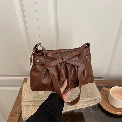 Women's PU Leather Underarm Shoulder Bag With Bow Decoration Pleated Ruched Design Star Rivet Retro Casual Handbag