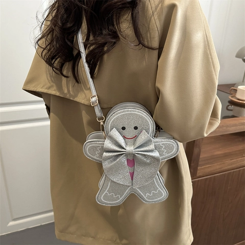Gingerbread Man Crossbody Bag Glitter Sequin Cartoon Shape With Bow Christmas Party Festive Gift For Women Girls