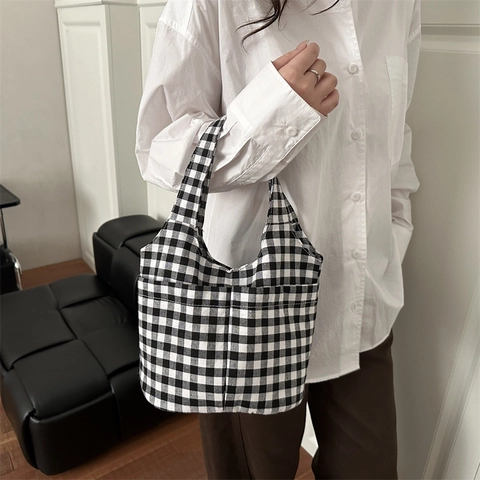 Gingham Ruit Canvas Tote Handtas Retro Grote Capaciteit Schoudertas Met Externe Zakken Voor Dagelijks Gebruik