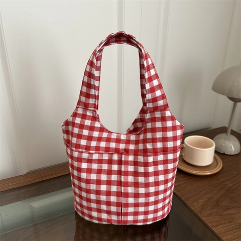 Gingham Ruit Canvas Tote Handtas Retro Grote Capaciteit Schoudertas Met Externe Zakken Voor Dagelijks Gebruik