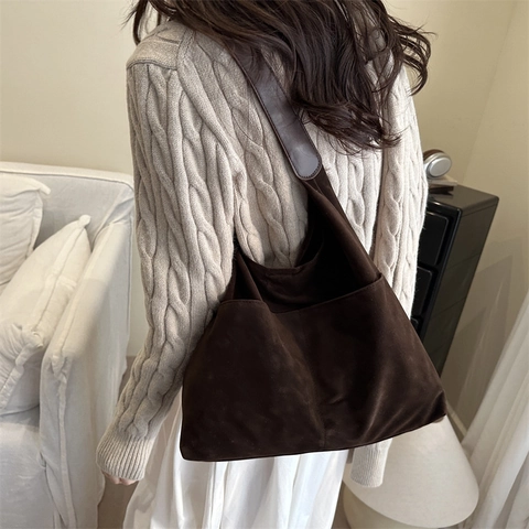 Women Large Capacity Tote Bag Faux Suede Vintage Simple Solid Color Shoulder Underarm Bag With Magnetic Closure