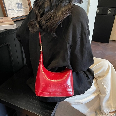 Vintage PU Leder Buchstaben Prägung Hobo Tasche Für Damen Große Kapazität Schultertasche Retro Minimalistische Handtasche