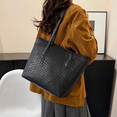 Borsa Tote Intrecciata Donne Pelle Sintetica Grande Capacità Retro Borsa A Spalla Casual Ufficio Colore Solido Trama