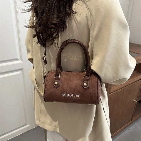 Bolso De Mano Boston Cilindro De Gamuza Sintética Vintage Bolso De Hombro Minimalista Con Asas Dobles Y Correa Ajustable