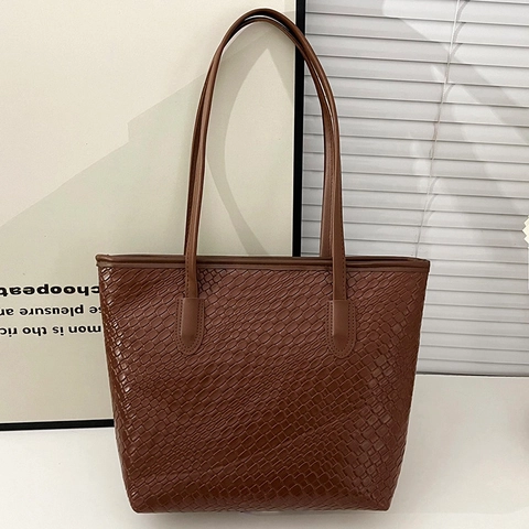 Borsa Tote Intrecciata Donne Pelle Sintetica Grande Capacità Retro Borsa A Spalla Casual Ufficio Colore Solido Trama