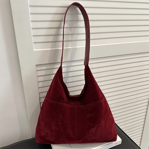 Women Large Capacity Tote Bag Faux Suede Vintage Simple Solid Color Shoulder Underarm Bag With Magnetic Closure