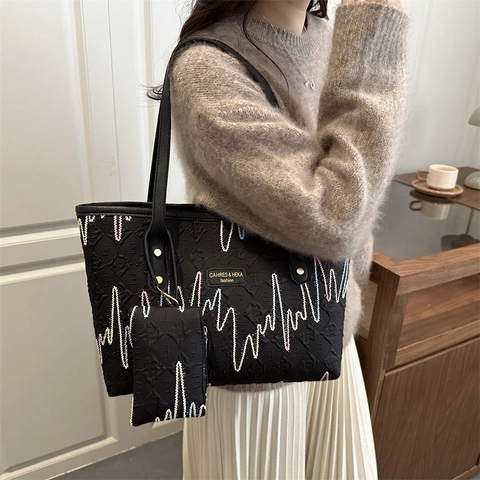 Damen Große Kapazität PU Leder Tote Bag Und Mini Pouch Bunte Zickzack Stickerei Trendy Pendler Schultertasche Handtasche