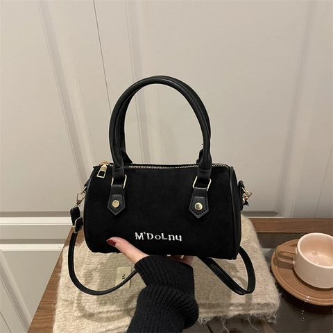Bolso De Mano Boston Cilindro De Gamuza Sintética Vintage Bolso De Hombro Minimalista Con Asas Dobles Y Correa Ajustable