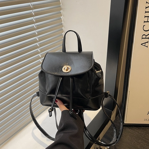 Women Fashion Mini Backpack PU Leather Solid Color Small School Bag With Gold Lock Minimalist Casual Travel Bag For Girls