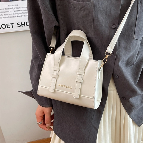 Women's Glossy PU Leather Letter Print Small Square Bag Retro Handbag Crossbody Shoulder Bag With Detachable Strap
