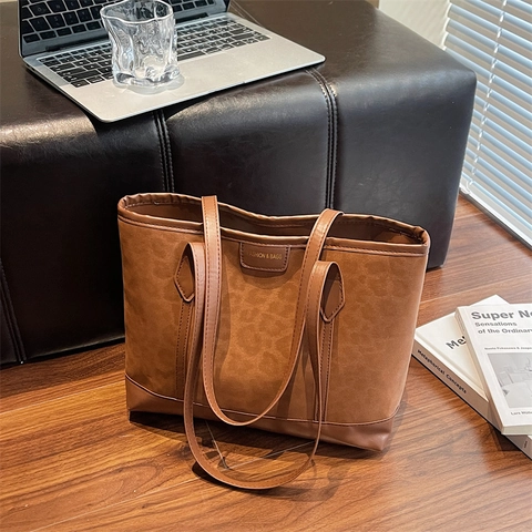 Damen Leopardenmuster Flanell Tote Bag Große Kapazität Urban Einfache Umhängetasche Mit Doppelten Trägern Tägliche Pendeltasche