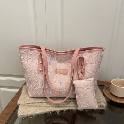 Damen Große Kapazität PU Leder Tote Bag Und Mini Pouch Bunte Zickzack Stickerei Trendy Pendler Schultertasche Handtasche