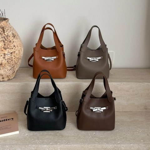 Women Pebbled PU Leather Bucket Bag Minimalist Silver Lock Handbag With Shoulder Strap Retro Solid Color Top Handle Bag